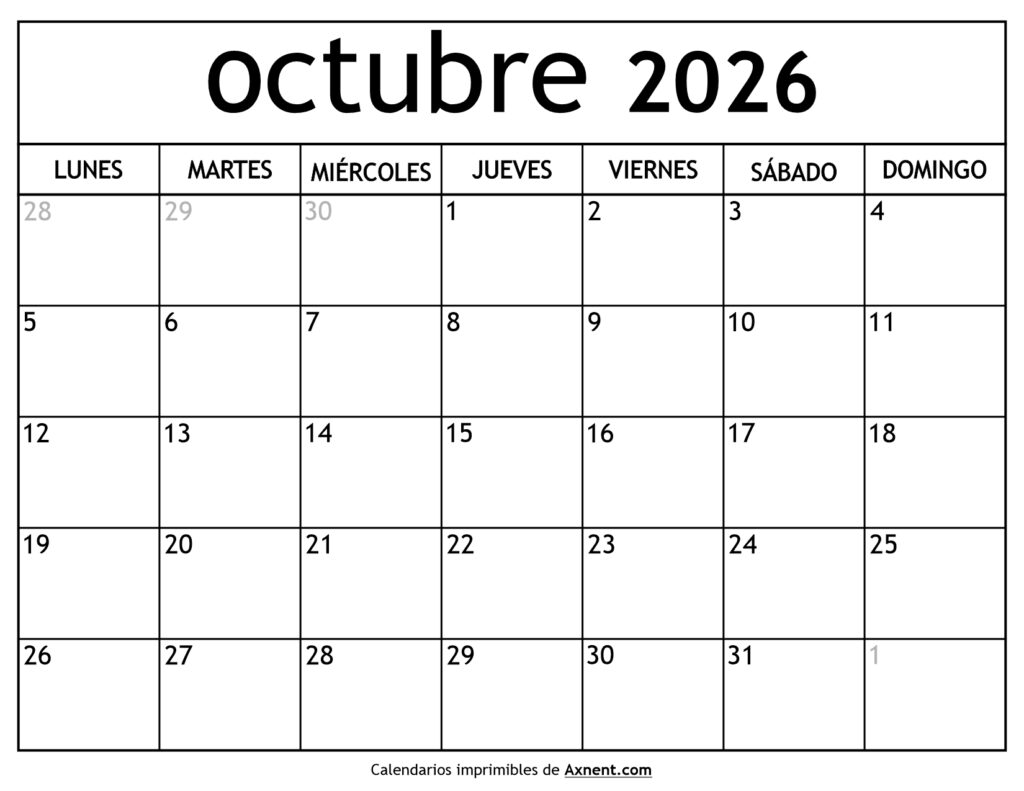 Calendario Octubre 2026