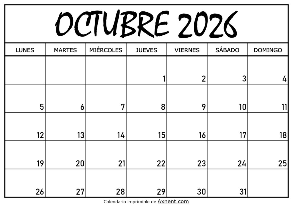 Calendario Octubre 2026 Para Imprimir