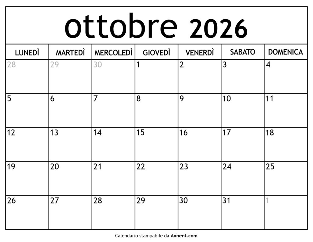 Calendario Ottobre 2026