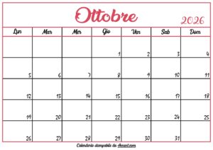 Calendario Ottobre 2026 Stampabile