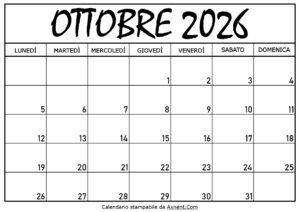 Calendario Ottobre 2026 da Stampare