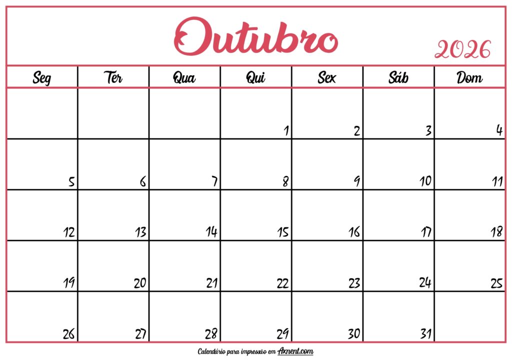 Calendário Outubro 2026