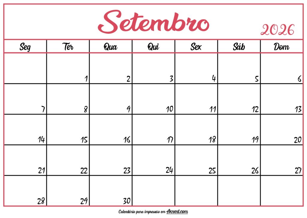 Calendário Setembro 2026