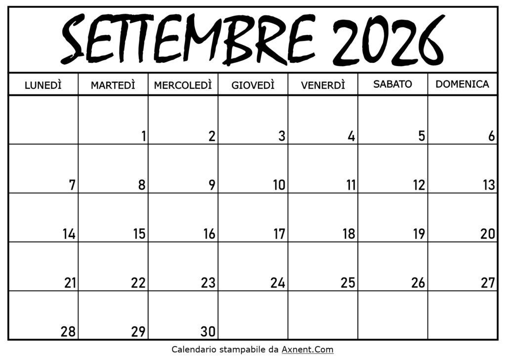 Calendario Settembre 2026 da Stampare
