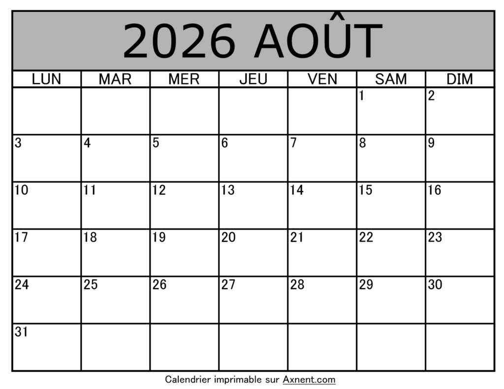 Calendrier À Imprimer Août 2026