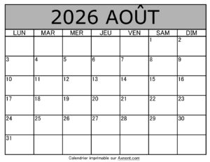Calendrier À Imprimer Août 2026