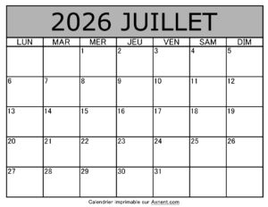Calendrier À Imprimer Juillet 2026