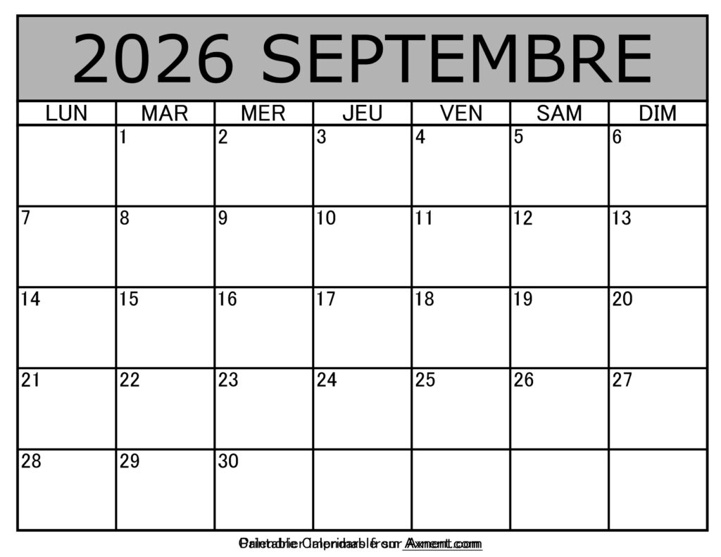 Calendrier À Imprimer Septembre 2026