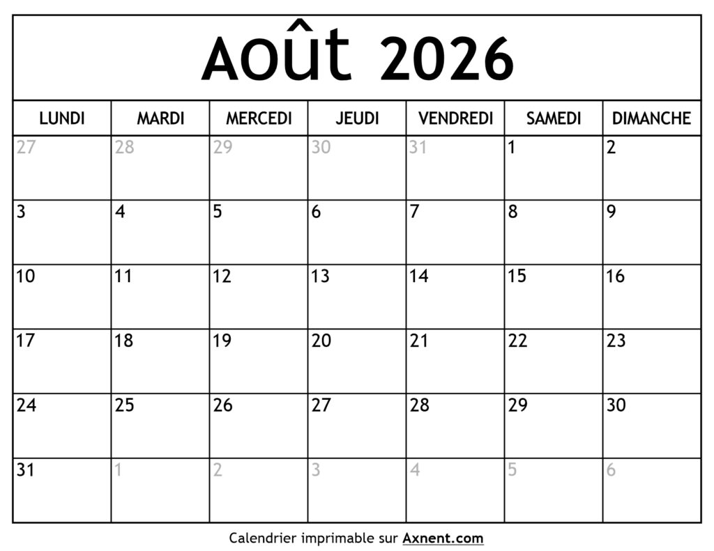 Calendrier Août 2026