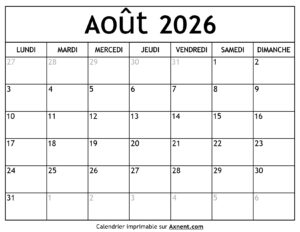Calendrier Août 2026