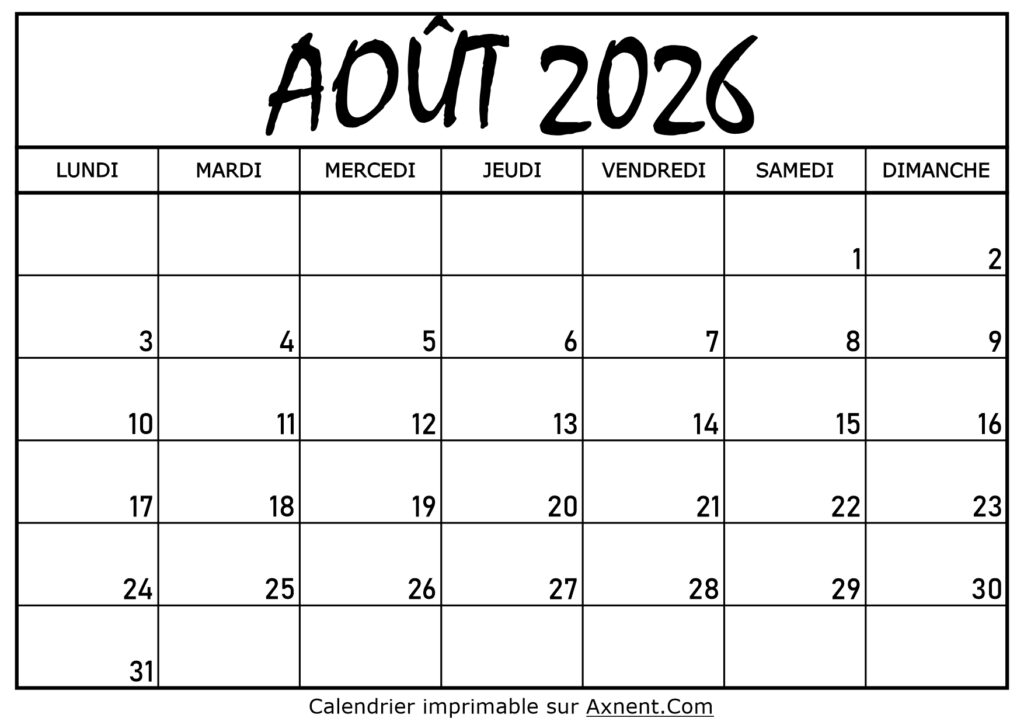Calendrier Août 2026 À Imprimer