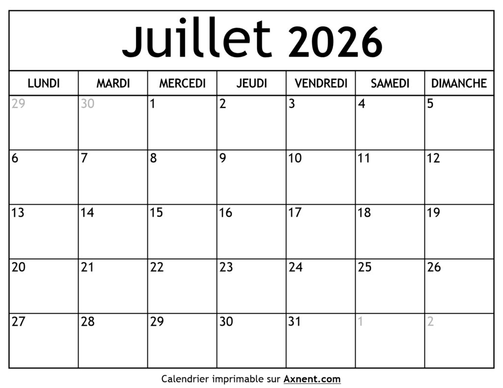 Calendrier Juillet 2026