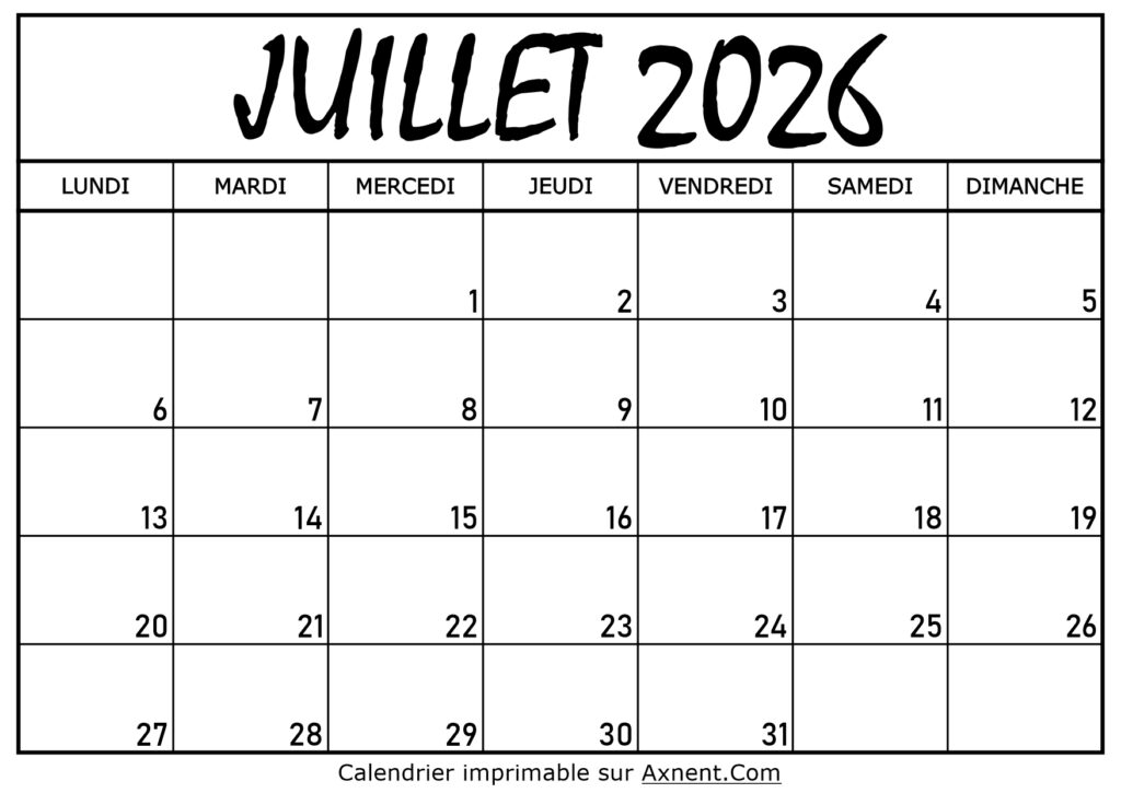 Calendrier Juillet 2026 À Imprimer