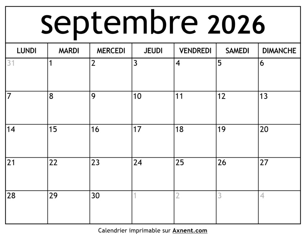 Calendrier Septembre 2026