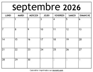 Calendrier Septembre 2026