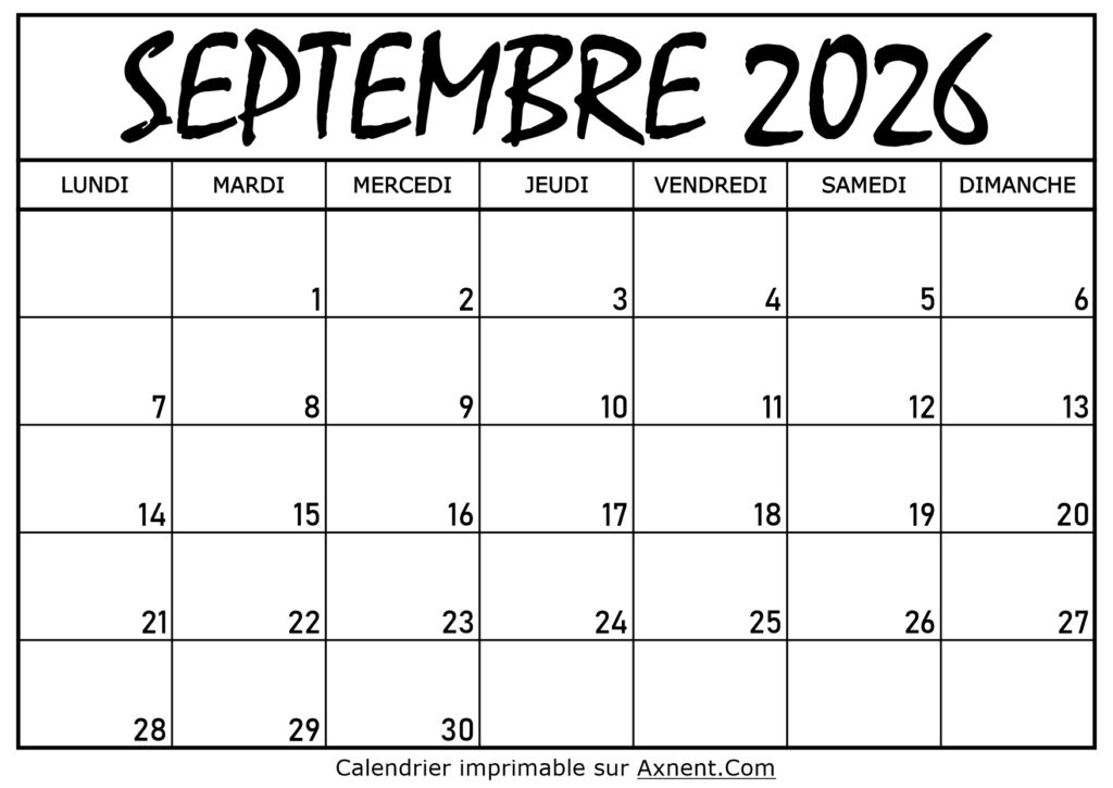 Calendrier Septembre 2026 À Imprimer