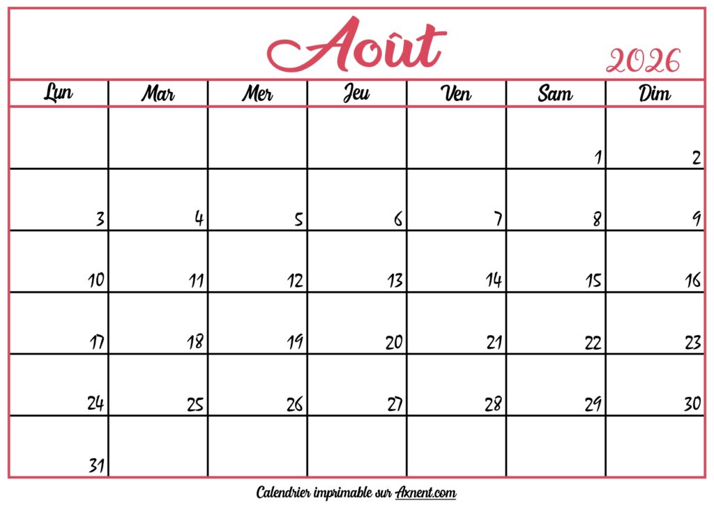 Calendrier Vierge Août 2026