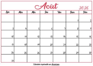 Calendrier Vierge Août 2026