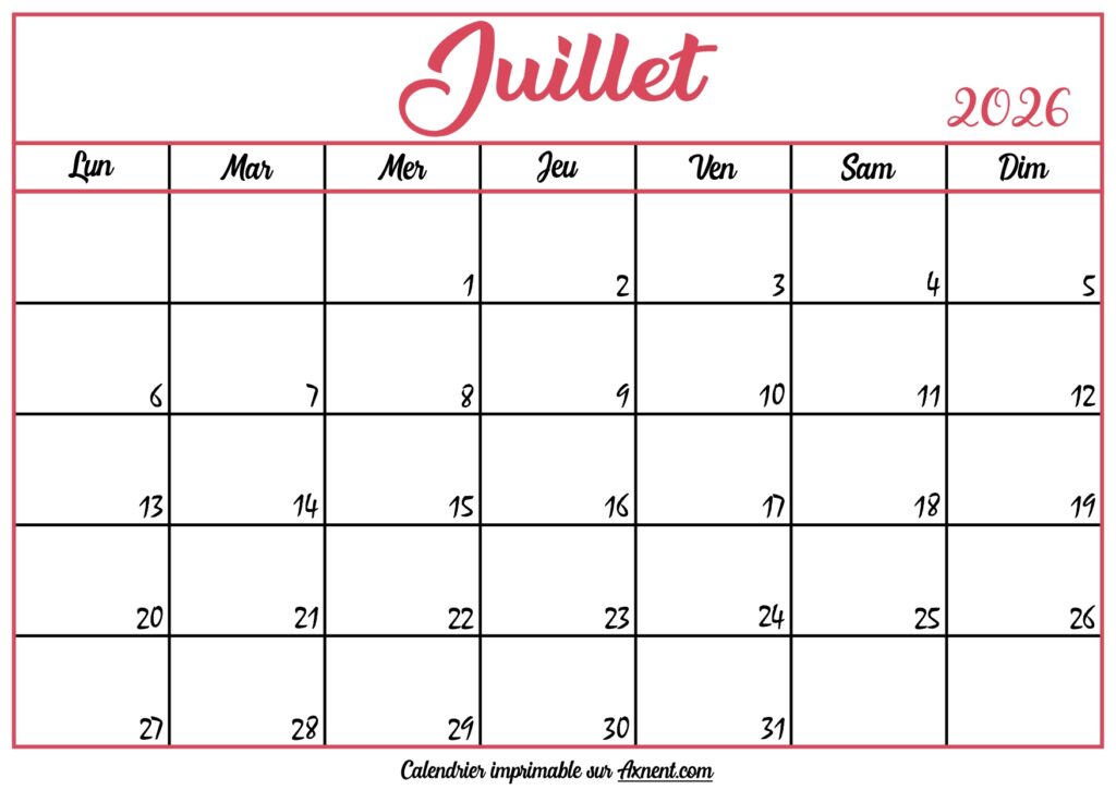Calendrier Vierge Juillet 2026