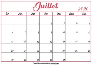Calendrier Vierge Juillet 2026