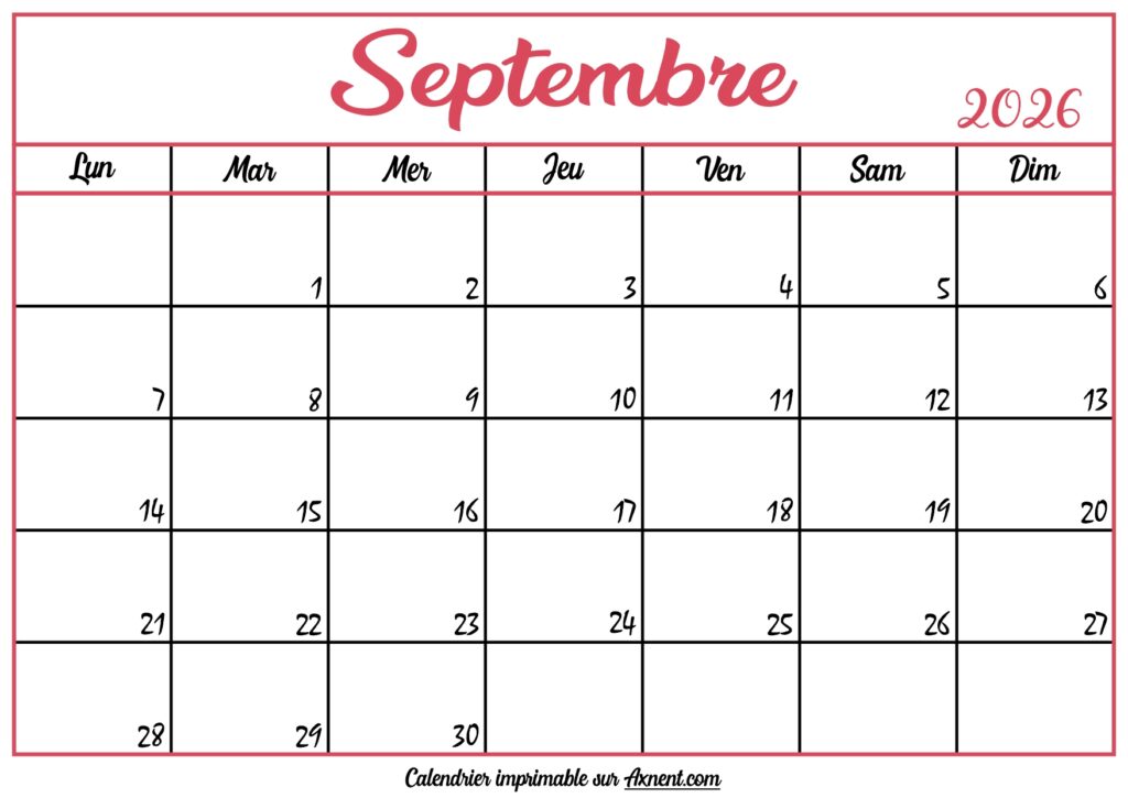 Calendrier Vierge Septembre 2026