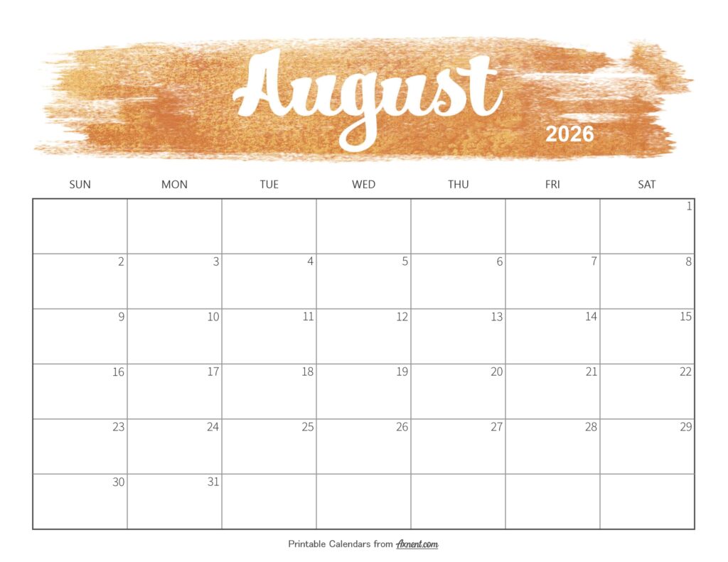 Cute August 2026 Calendar Printable