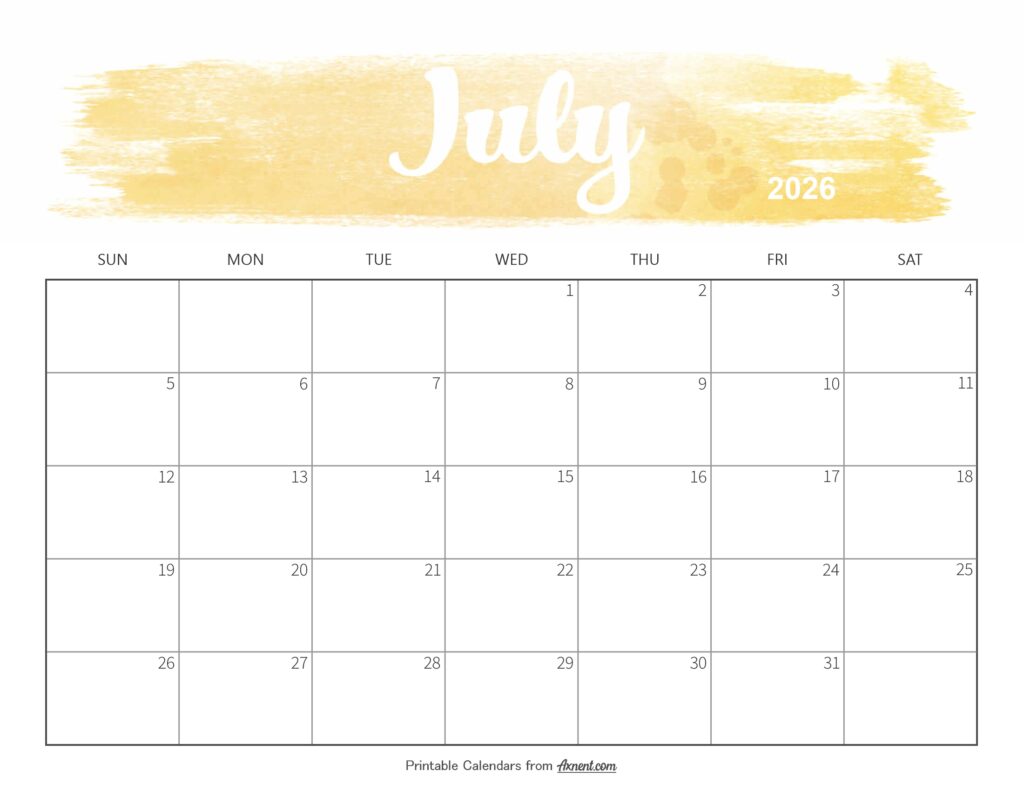 Cute July 2026 Calendar Printable