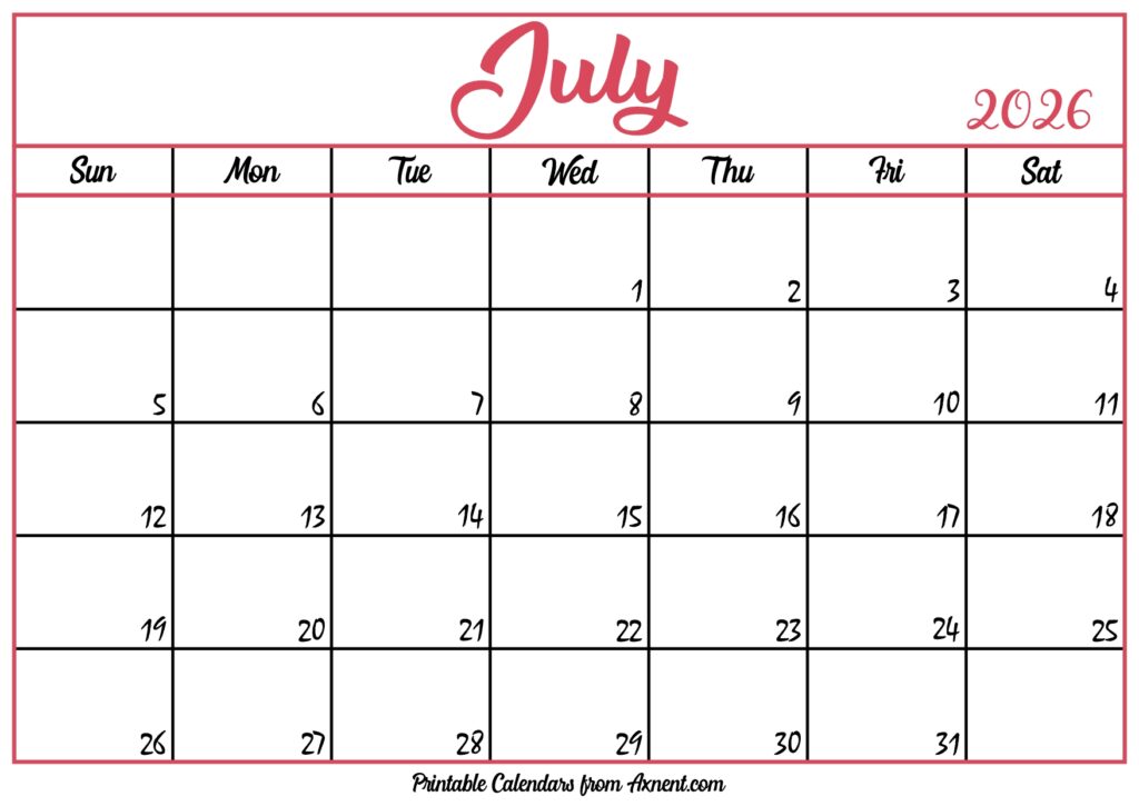Free July Calendar 2026