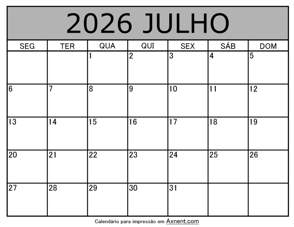 Julho De 2026 Calendario Imprimível
