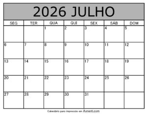 Julho De 2026 Calendario Imprimível