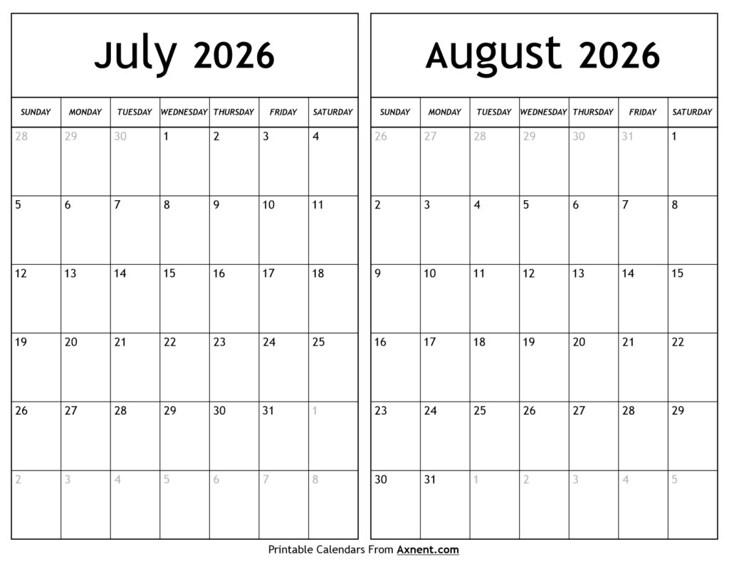 July August 2026 Calendar