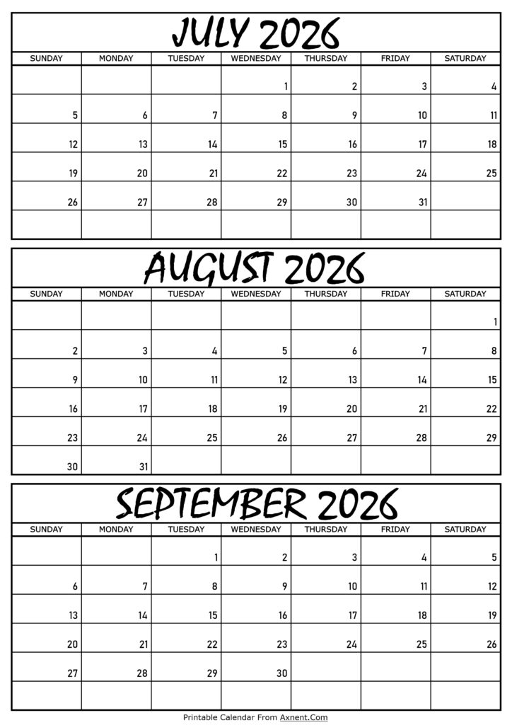 July August and September Calendar 2026
