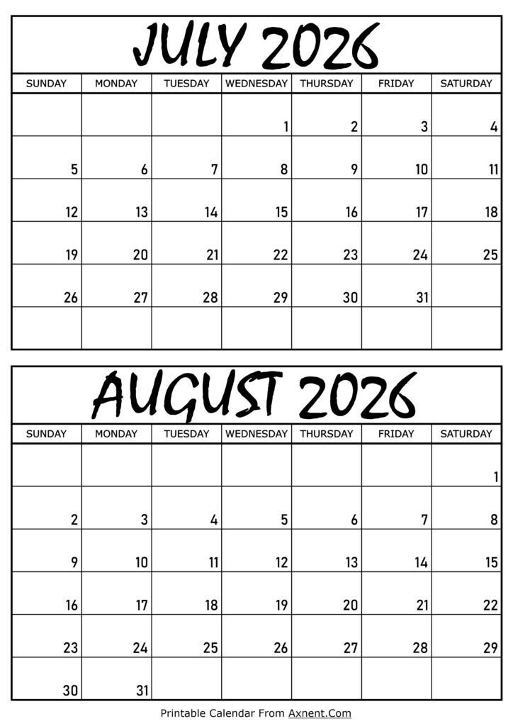 July and August 2026 Calendar