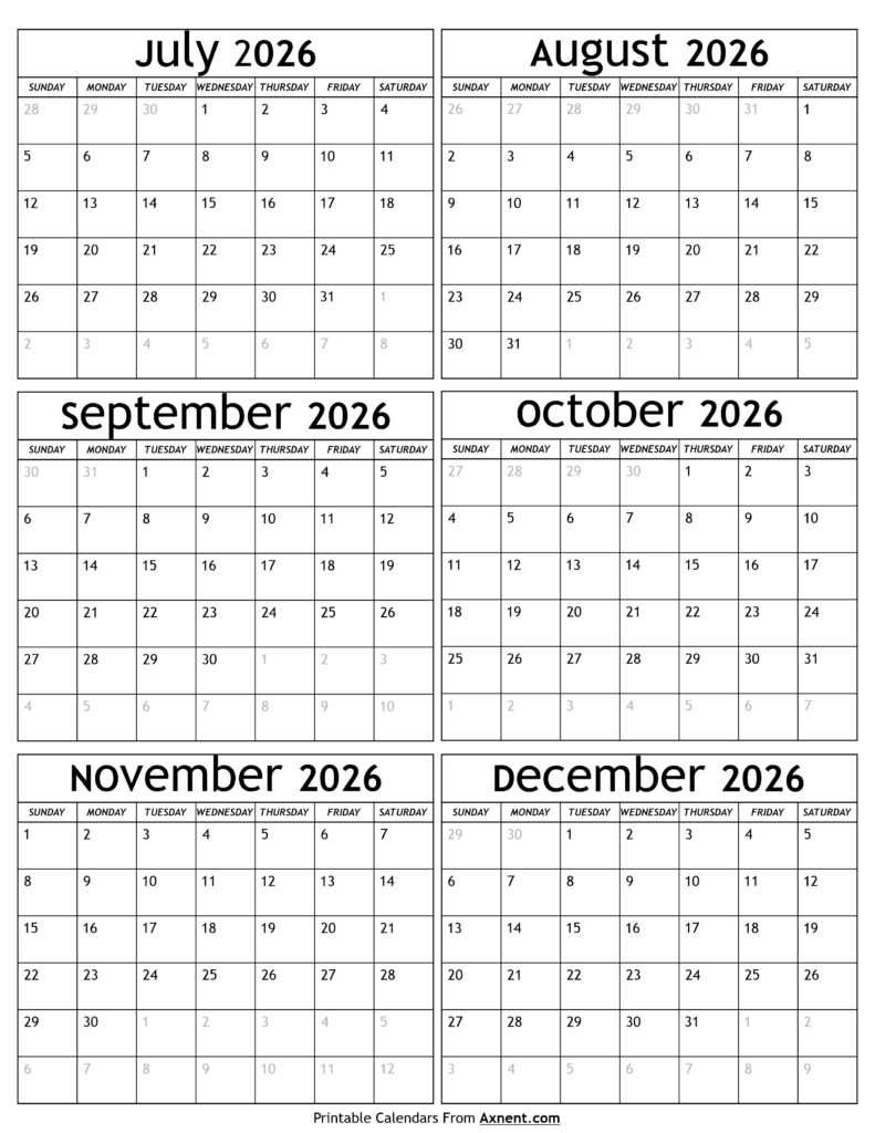 July to December 2026 Calendar