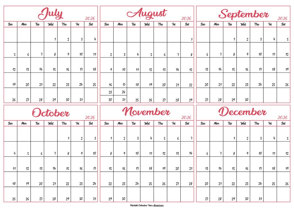 July to December Calendar 2026