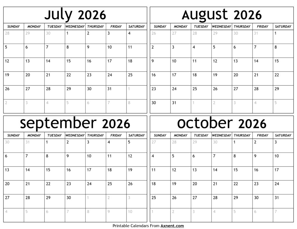 July to October 2026 Calendar
