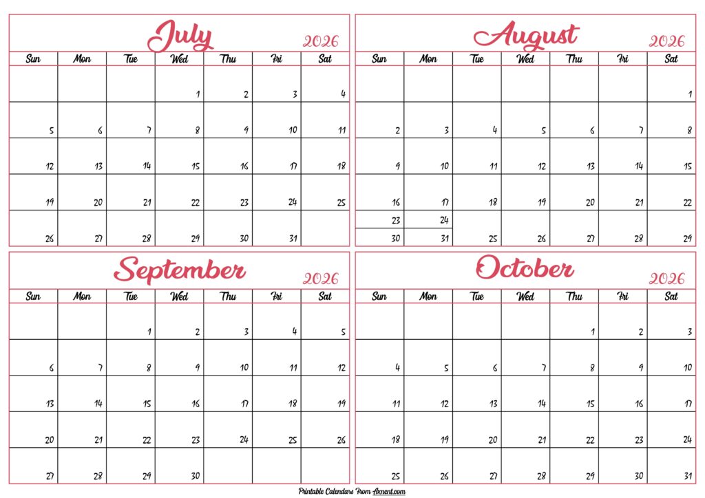July to October Calendar 2026