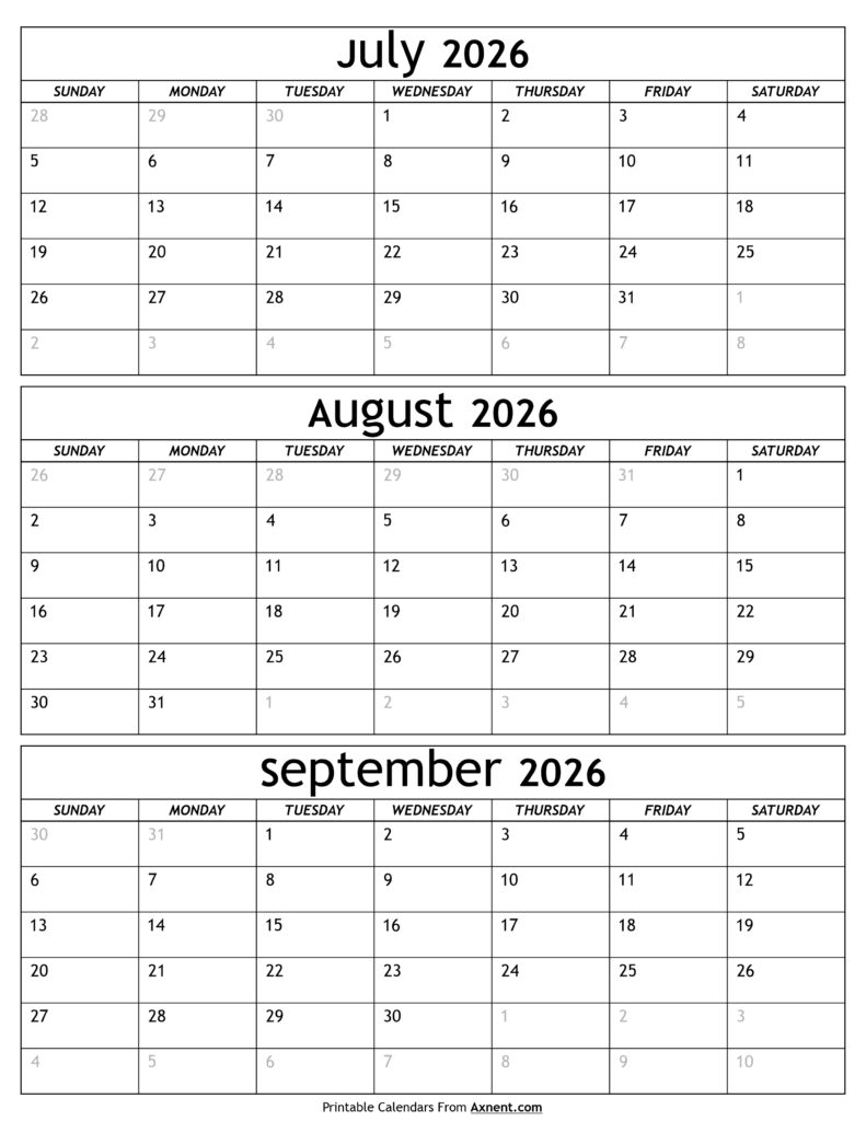 July to September 2026 Calendar