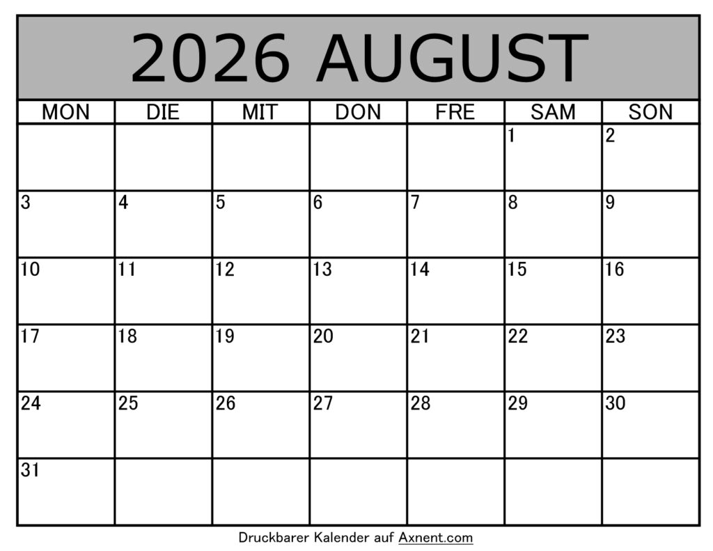 Kalender August 2026 zum Ausdrucken