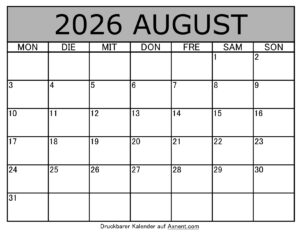 Kalender August 2026 zum Ausdrucken