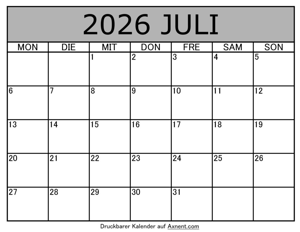 Kalender Juli 2026 zum Ausdrucken