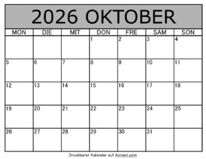 Kalender Oktober 2026 zum Ausdrucken