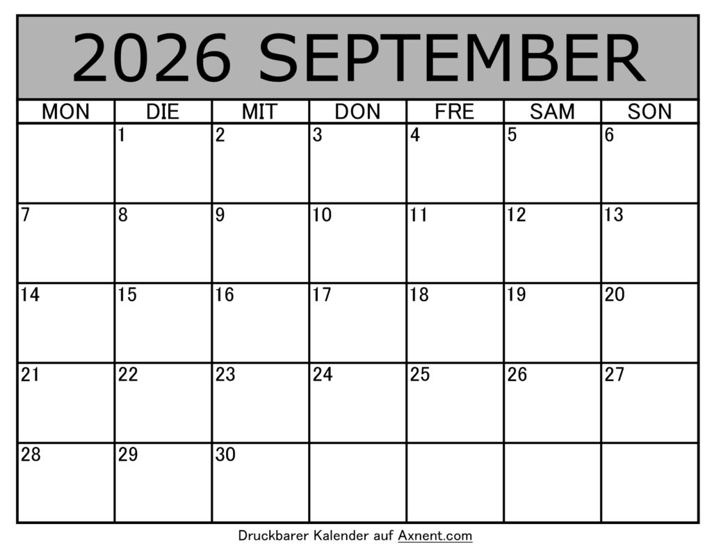Kalender September 2026 zum Ausdrucken