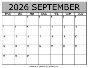 Kalender September 2026 zum Ausdrucken