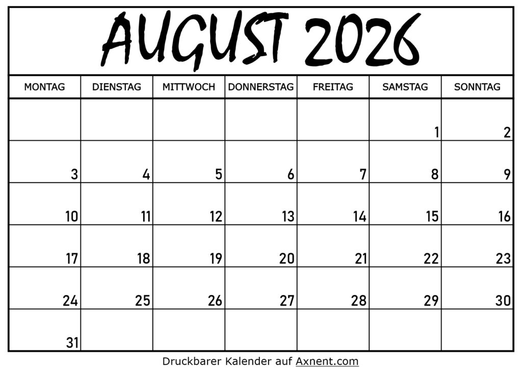 Kalender für August 2026