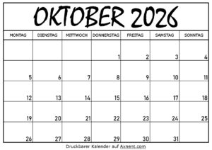 Kalender für Oktober 2026
