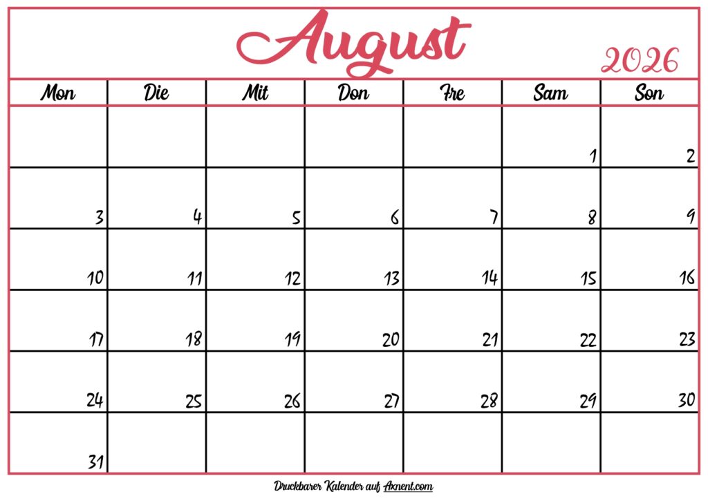 Monatskalender August 2026