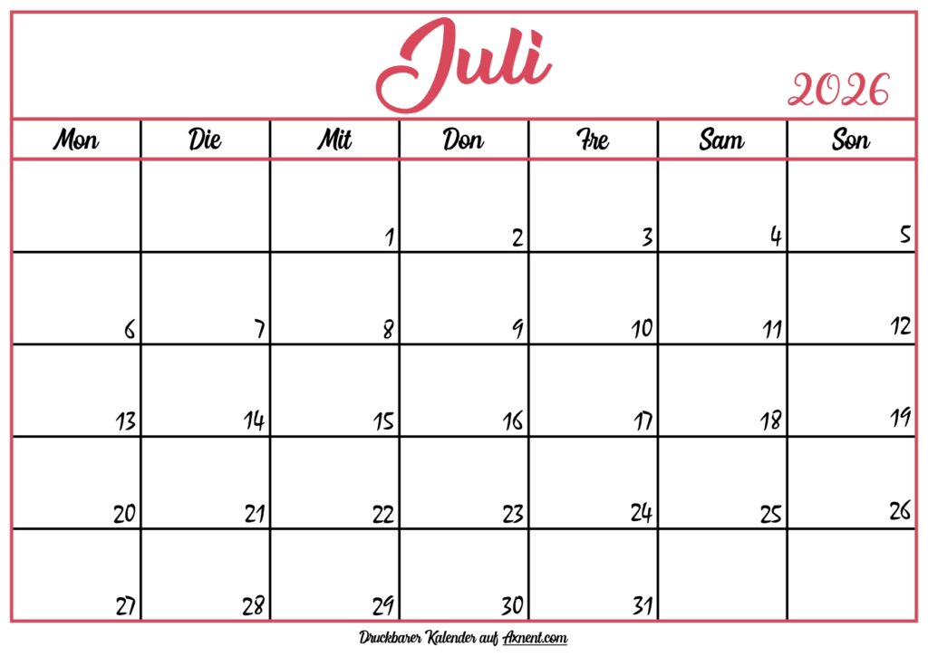 Monatskalender Juli 2026