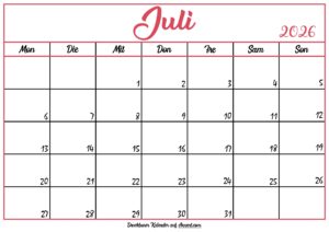 Monatskalender Juli 2026