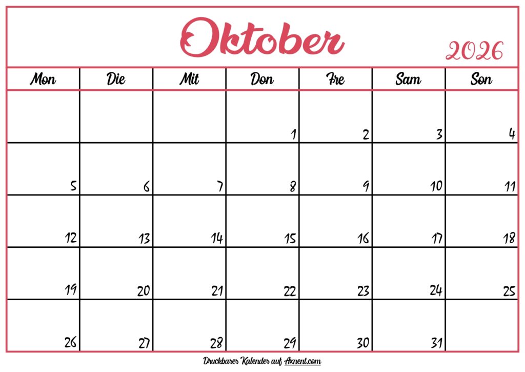 Monatskalender Oktober 2026
